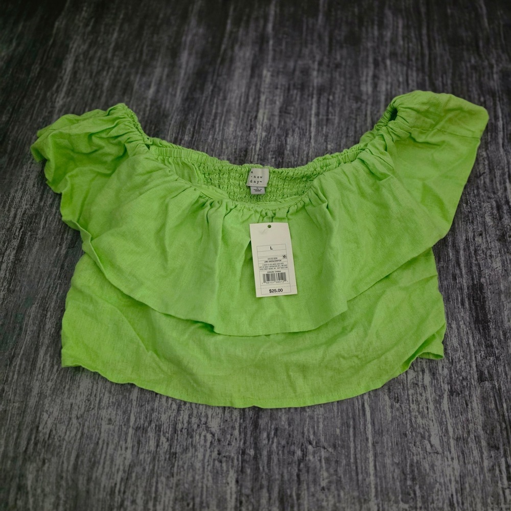 A New Day Womens Lime Green Linen‎ Blend Off The Shoulder Ruffle Crop Top Large